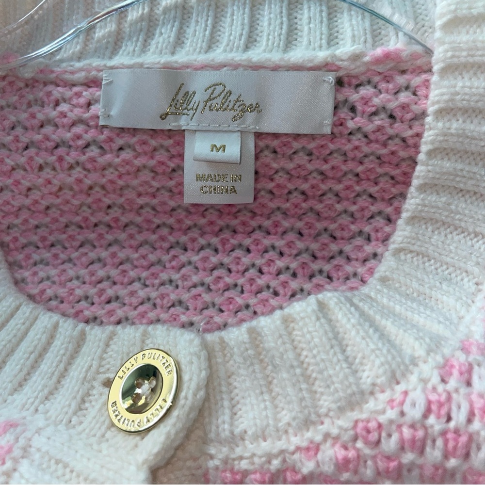 Lilly Pulitzer Cavan Cardigan Woven Knit Red Pink Gold Buttons Pockets Size M - Picture 9 of 11